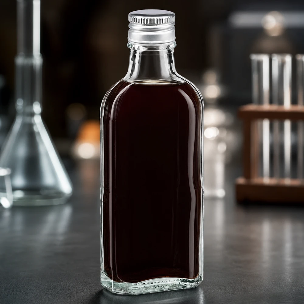 Mała butelka Meplat o pojemności 100 ml, wykonana z przezroczystego szkła, z aluminiową zakrętką PP22 w kolorze srebrnym, przeznaczona do syropów
