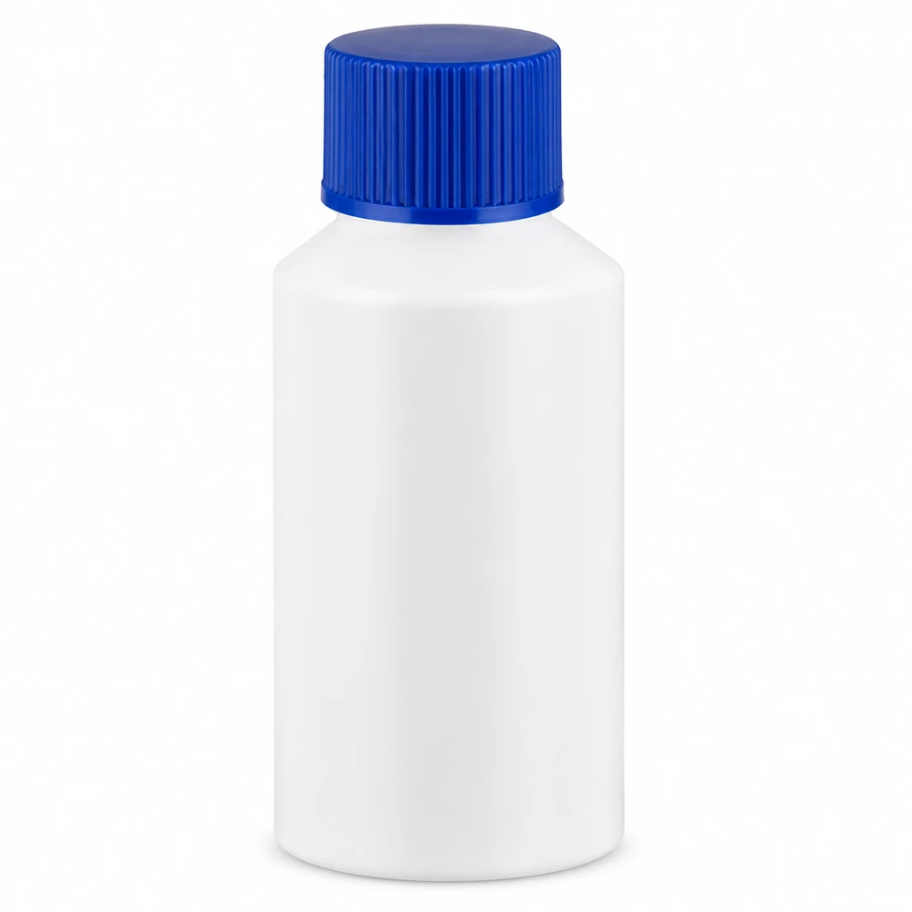 Butelka apteczna z HDPE, 50 ml, biała, z niebieską zakrętką, do zastosowań farmaceutycznych