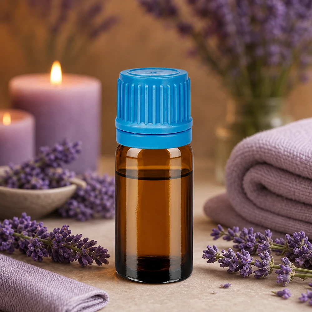 Wysokiej jakości butelka z bursztynowego szkła o pojemności 5 ml z karbowaną niebieską nakrętką do aromaterapii i odnowy biologicznej