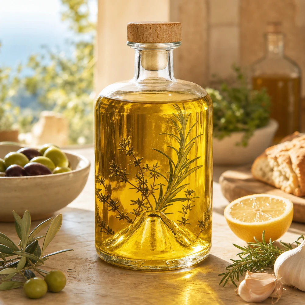 500ml Glasflasche Sofia mit Kräuteröl befüllt mediterranes Ambiente mit Oliven Brot und Zitrone Küchenszene