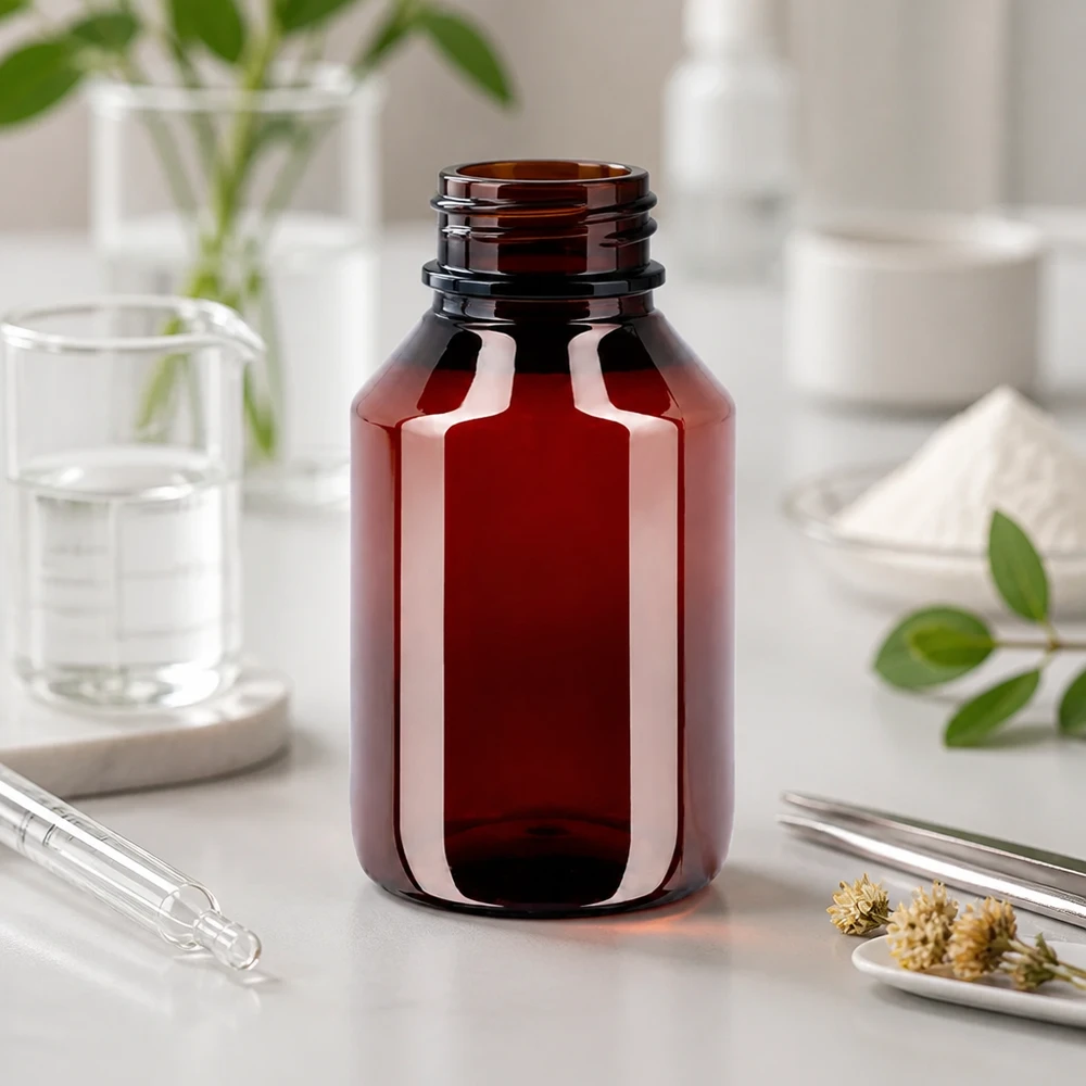 Butelka PET z ochroną przed światłem, 50 ml, w kolorze bursztynowym, z białym opakowaniem zewnętrznym, przeznaczona do kosmetyków naturalnych