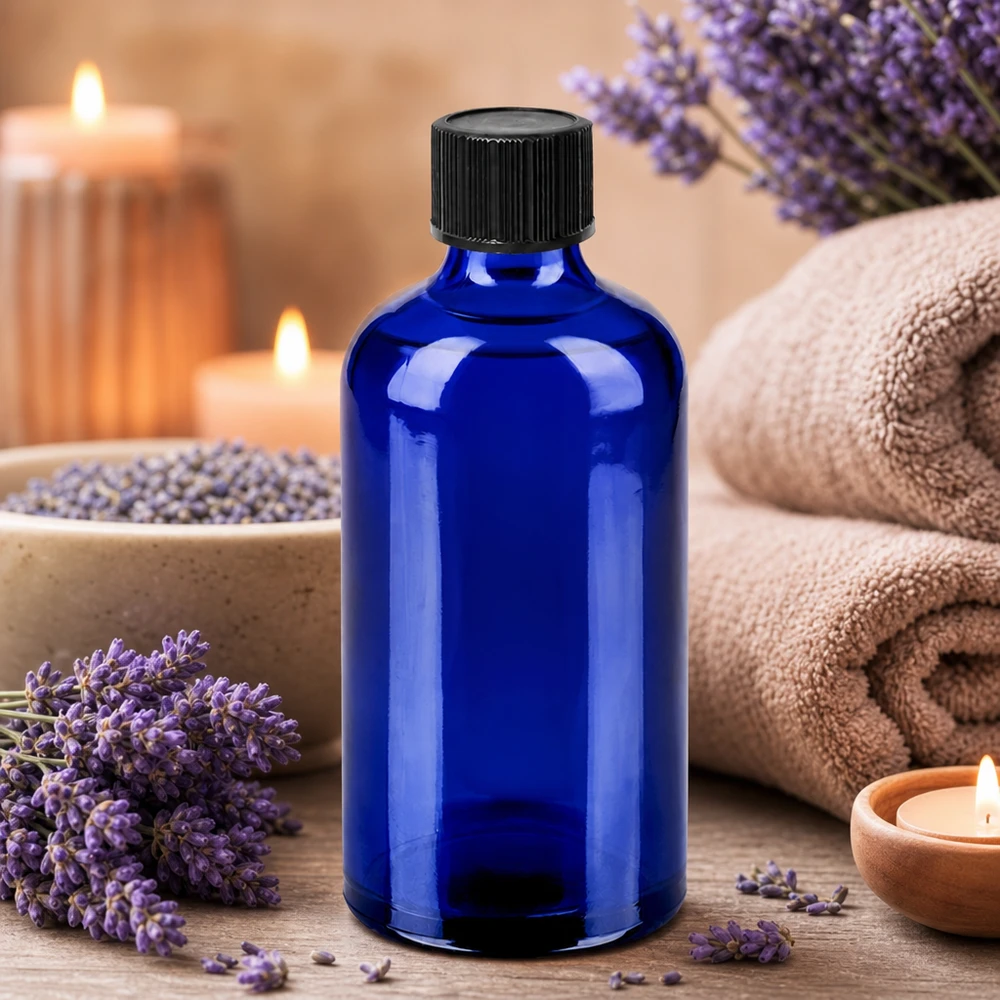 100 ml butelka z zakraplaczem 1 mm czarna STD BlueLine UT18/100 Butelka farmaceutyczna 100 ml w kolorze kobaltowo-niebieskim z czarnym zakraplaczem do aromaterapii i odnowy biologicznej