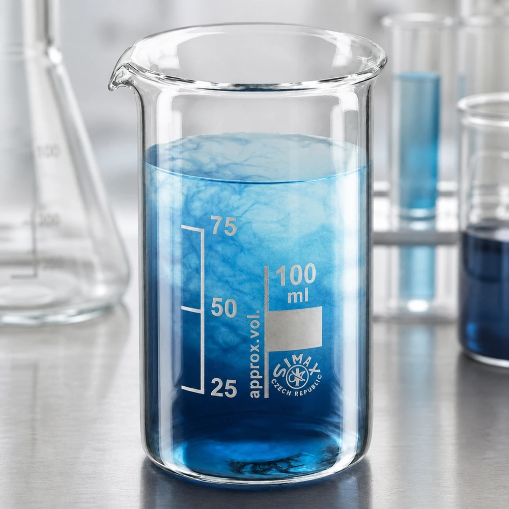 Szklanka Simax o pojemności 100 ml, wysoka, z niebieskim roztworem i widoczną dyfuzją w laboratorium