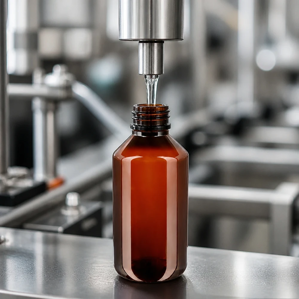Maschinelle Befüllung PET Rundflasche 200ml amber Spritzverschluss OV Edelstahlumgebung