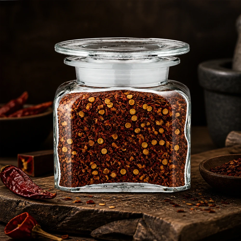 Kwadratowa butelka apteczna o pojemności 100 ml, wypełniona płatkami i nasionami chili, obok moździerza i papryczek chili