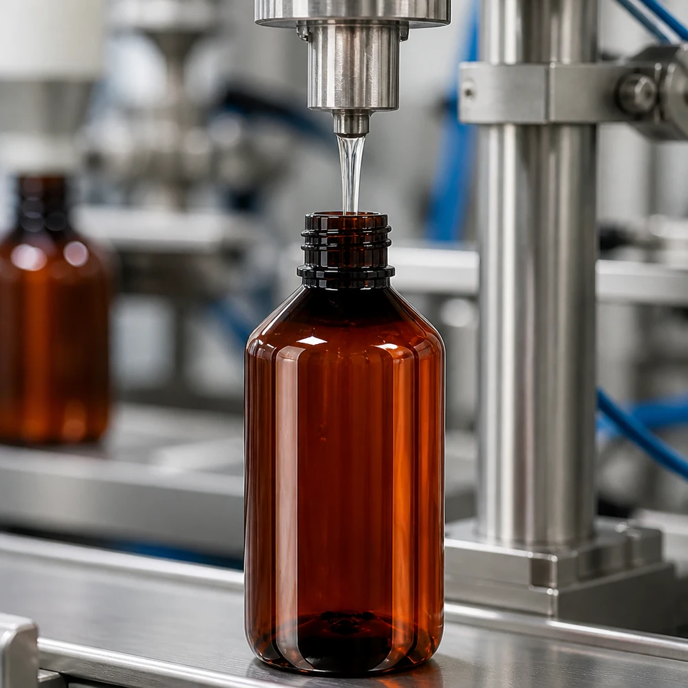 Linia rozlewnicza napełnia brązowe butelki PET o pojemności 750 ml z zamknięciem OV na nowoczesnej linii produkcyjnej