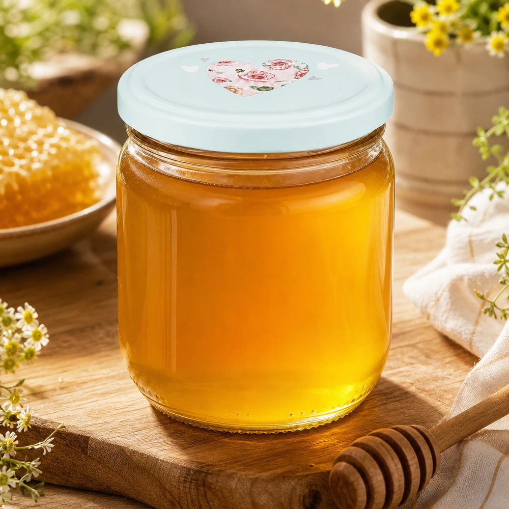 425 ml okrągłe szkło + BasicSeal pokrywka serce miętowa UN.. 425ml okrągły słoik wypełniony miodem mięta serce pokrywka słoik miód pszczelarstwo naturalny produkt zdobiony na drewnianej desce