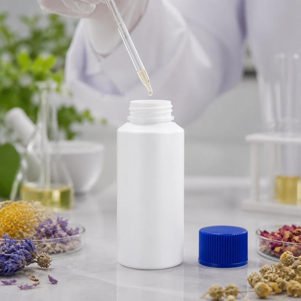 Biała plastikowa butelka o pojemności 30 ml z niebieskim zamknięciem zabezpieczającym przed dziećmi, umieszczona wśród suszonych kwiatów w laboratorium