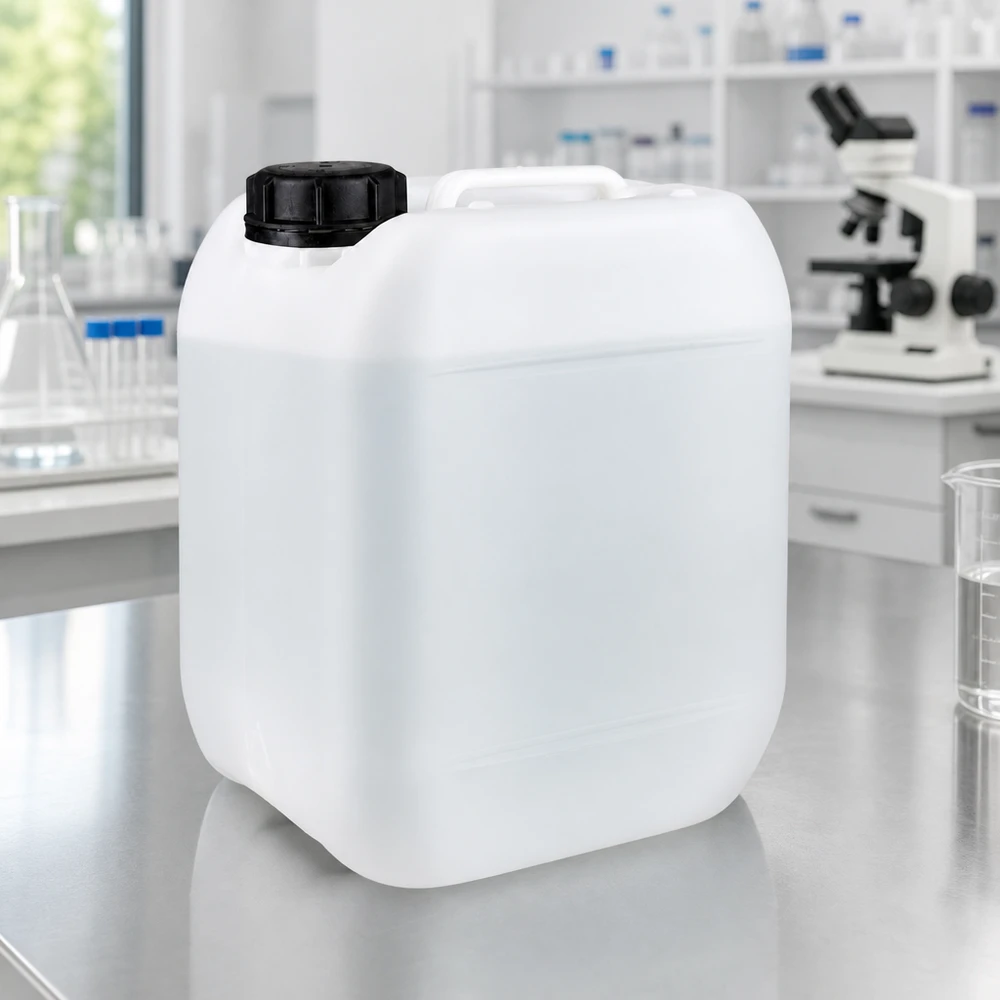 5-litrowy kanister laboratoryjny z HDPE z czarną pokrywą zakręcaną na stole ze stali nierdzewnej w laboratorium
