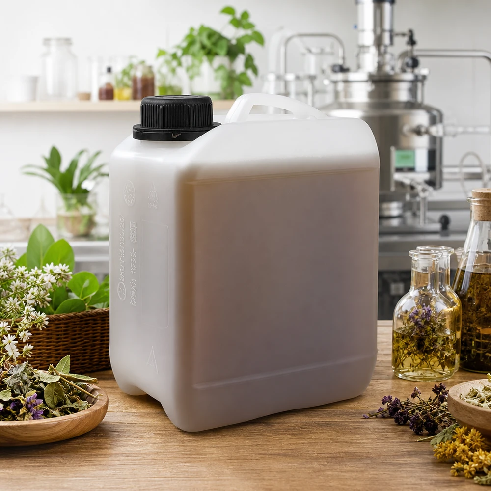 Kanister 2,5 litra z zakrętką OV Pojemnik do aromaterapii o pojemności 2,5 litra, biały, z zakrętką, otoczony ziołami i olejkami eterycznymi