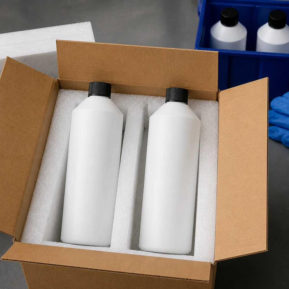 Dwie białe butelki apteczne z HDPE o pojemności 250 ml z czarnymi zakrętkami, bezpiecznie zapakowane w karton