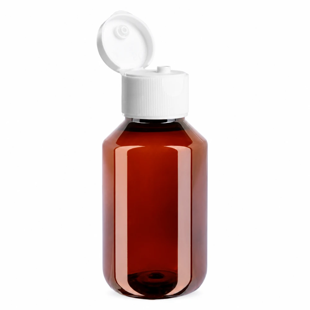 Butelka PET o pojemności 100 ml w kolorze bursztynowym z białym, odchylanym zamknięciem z przezroczystego tworzywa sztucznego