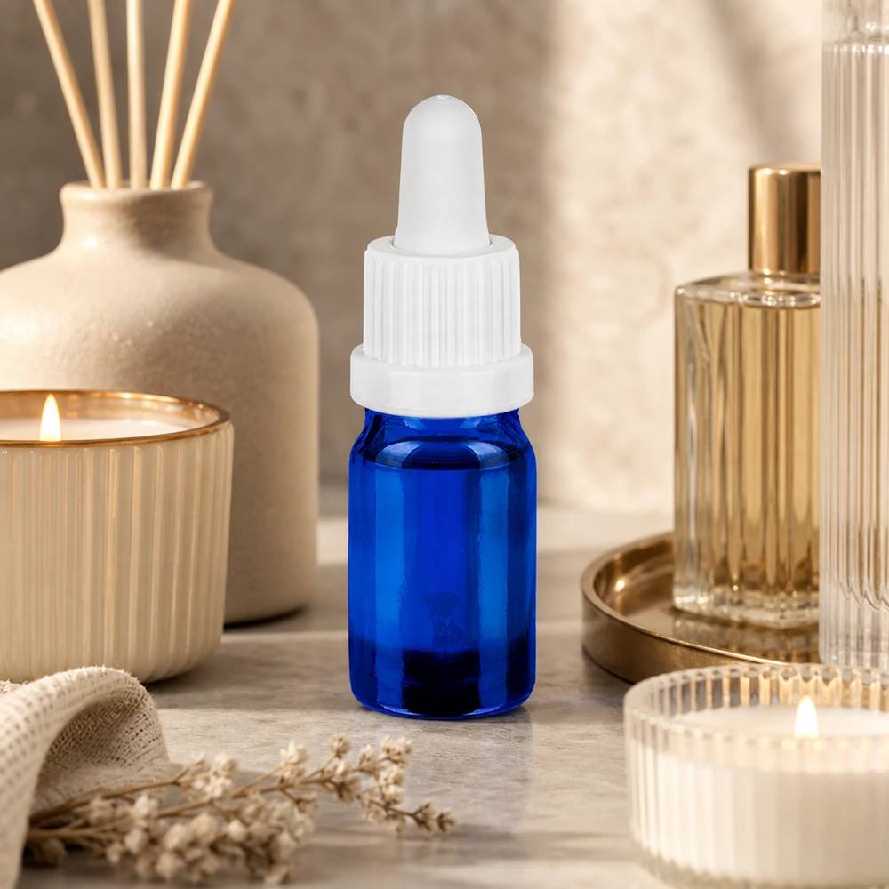 Butelka do leków płynnych 5 ml pipetowa biała OV BlueLine UT18/5 Precyzyjna butelka z pipetą o pojemności 5 ml w kolorze kobaltowego błękitu do zastosowań w aromaterapii i produktach wellness