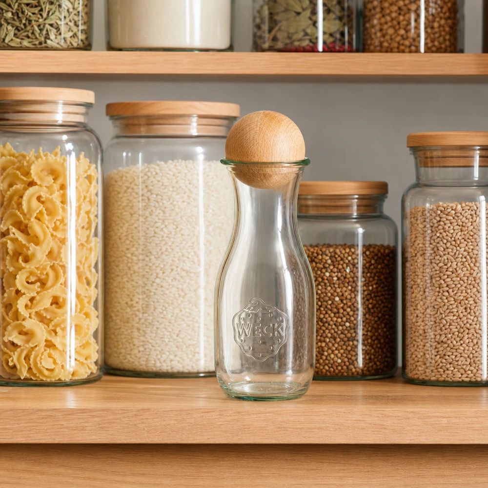 Butelka na sok 530ml WECK RR60 z drewnianą kulką buk Butelka na sok WECK 530ml z kulką z drewna bukowego w zorganizowanej spiżarni między słoikami z makaronem i ryżem