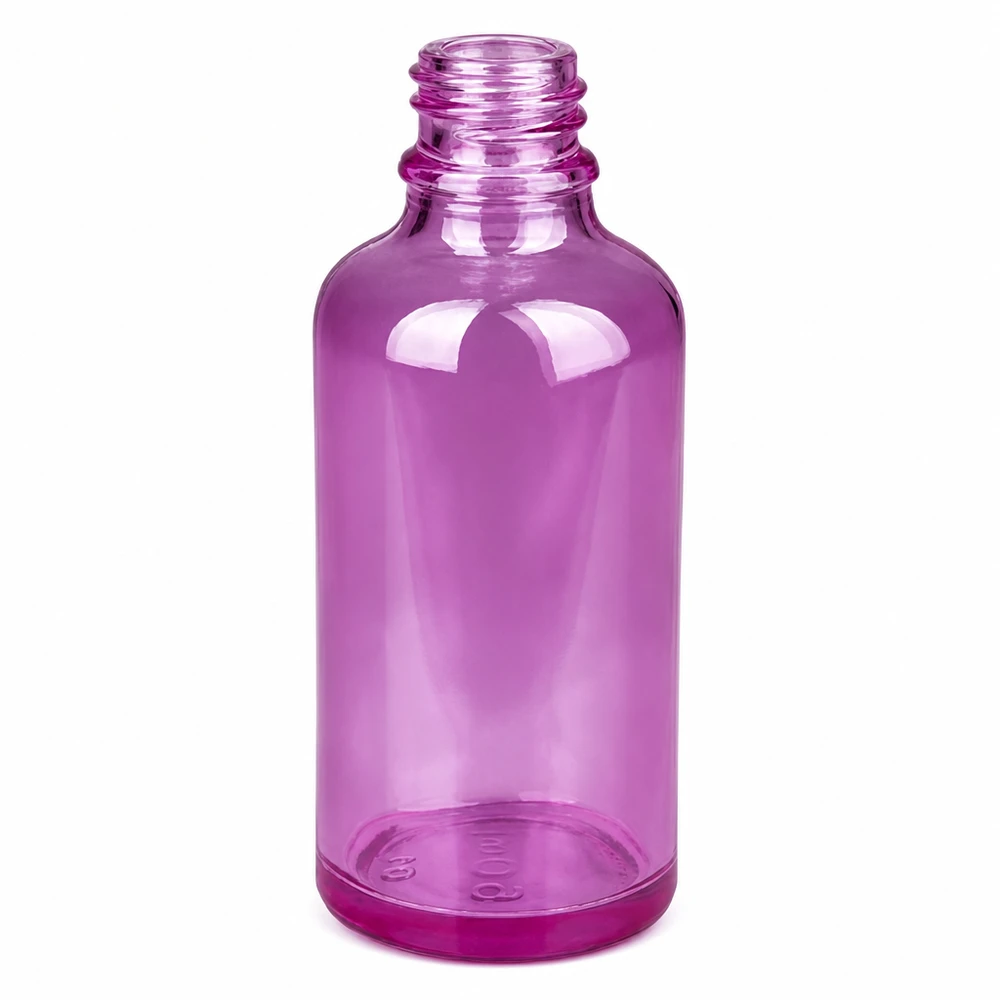 Butelka 50 ml 11 mm z aluminiowo-srebrną zakrętką PurpleLine.UT18/50 Fioletowa szklana butelka 50 ml z gwintem 11 mm i srebrną aluminiową nasadką do aromaterapii