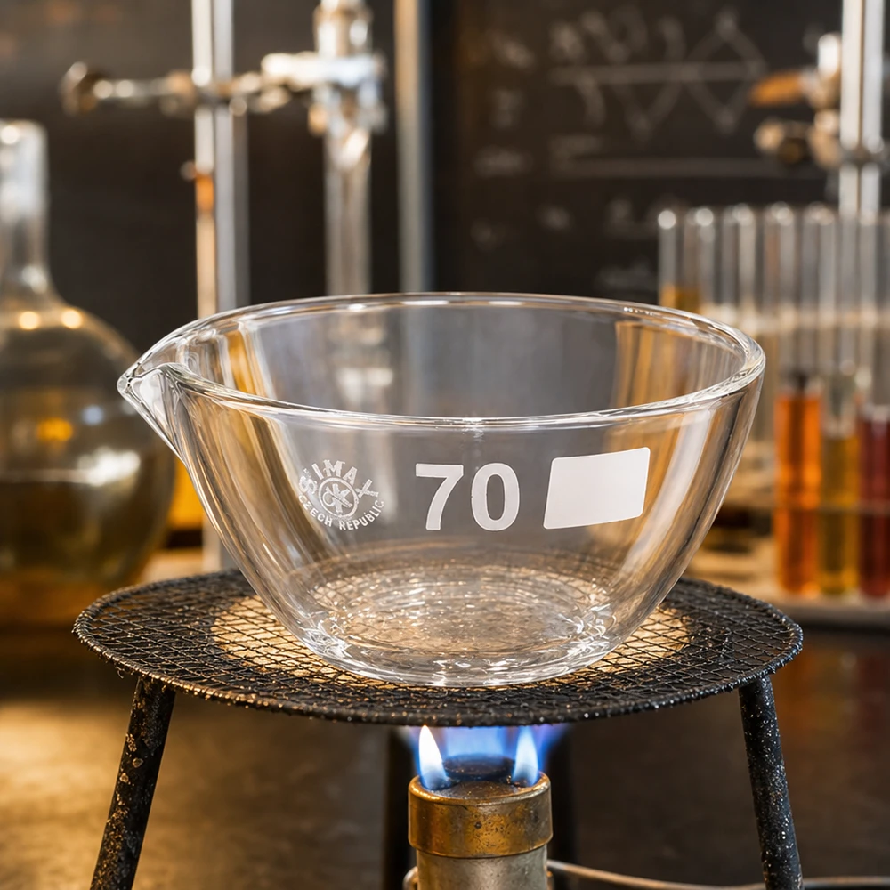 Małe naczynie laboratoryjne 60 ml z wylewem ø70 mm wykonane z wytrzymałego szkła borokrzemowego do procesów odparowywania
