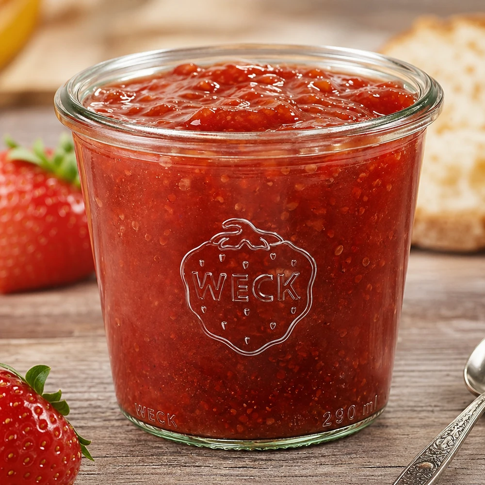 Słoik z szeroką szyjką, 290 ml, WECK RR80 Kubki WECK RR80 o pojemności 290 ml wypełnione dżemem truskawkowym obok świeżych truskawek na drewnianym stole