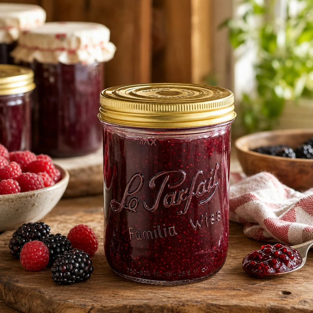 1020ml Sturzglas "Familia Wiss" 2-teiliges Deckelsystem Le P Kubki Familia Wiss 1020 ml z 2-częściową pokrywką Le P wypełnione dżemem jagodowym na drewnianym stole