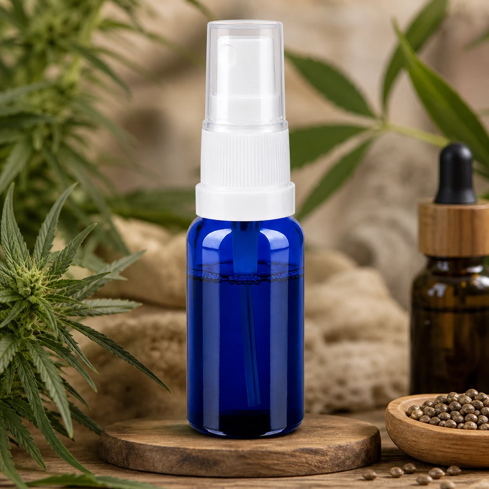 Butelka ze spryskiwaczem 20 ml biała/przezroczysta STD BlueLine UT18/20 Niebieska szklana butelka o pojemności 20 ml z rozpylaczem do olejków eterycznych i naturalnych produktów kosmetycznych