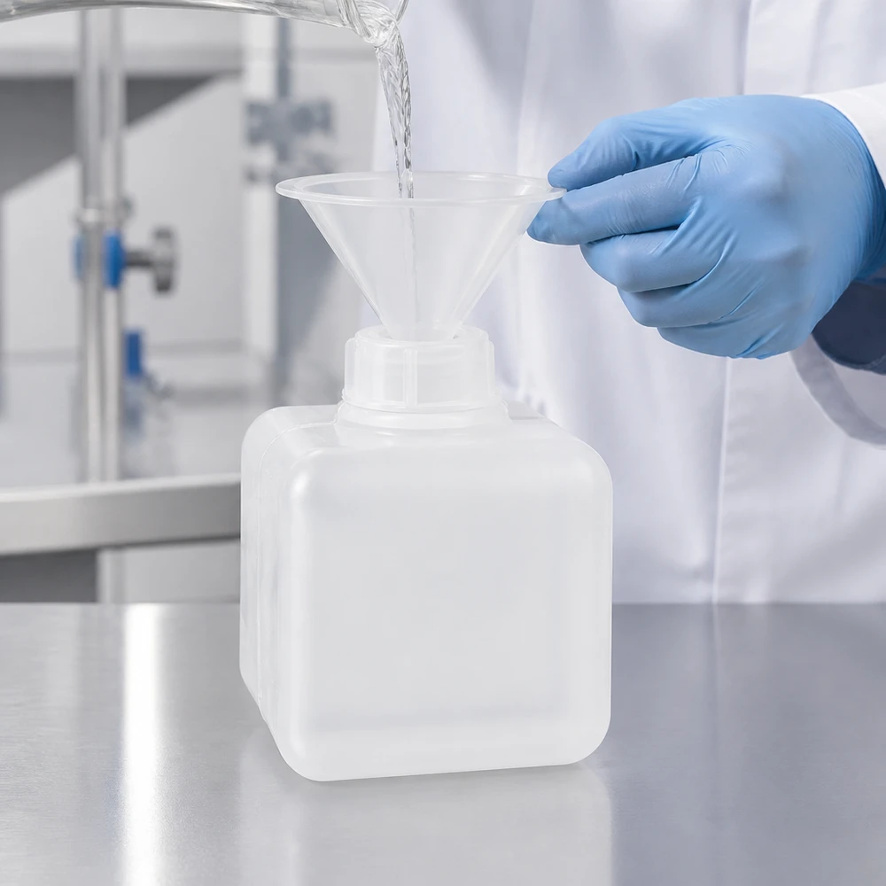 Laborant wlewa płyn przez plastikowy lejek do butelki na chemikalia o pojemności 500 ml, wykonanej z PE-HD, z wąską szyjką