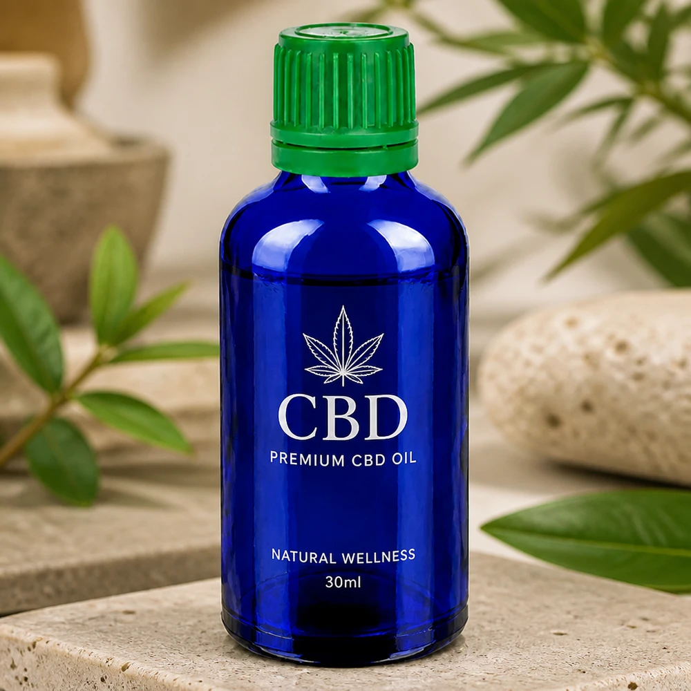 Pusta niebieska szklana butelka 50 ml z zieloną zakrętką zabezpieczającą przed dziećmi do CBD i nalewek