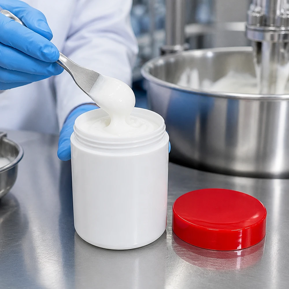 Słoik na maść 800g biały z czerwoną zakrętką (PP) Plastikowy słoik farmaceutyczny na maść o pojemności 800 g, biały, z czerwoną zakrętką, wypełniony kremem