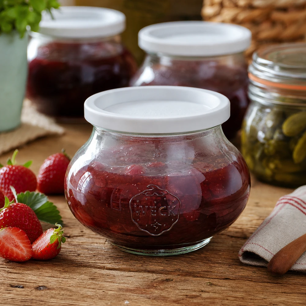 Szklany słoik ozdobny o pojemności 560 ml z pokrywką zachowującą świeżość WECK RR80 Słoik do przetworów WECK 560ml RR80 wypełniony dżemem truskawkowym obok świeżych truskawek na drewnianym stole w kuchni