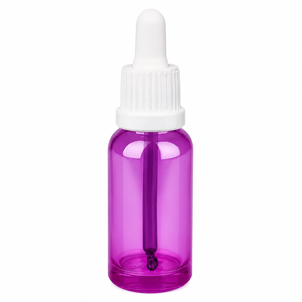 Butelka z pipetą 20 ml w kolorze fioletowym z białą nasadką do precyzyjnego dozowania