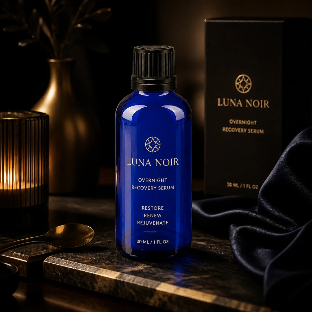 Luna Noir Overnight Recovery Serum w kobaltowo-niebieskiej butelce aptecznej o pojemności 50 ml z zakraplaczem