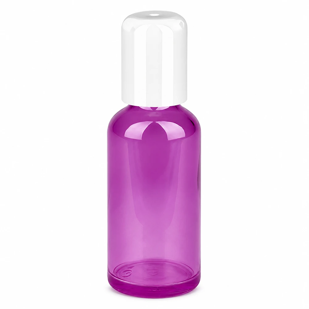 Butelka typu roll-on 50 ml, biała, standardowa PurpleLine UT18/50 Butelka roll-on 50 ml w kolorze fioletowym z białą nakrętką do kosmetyków i perfum