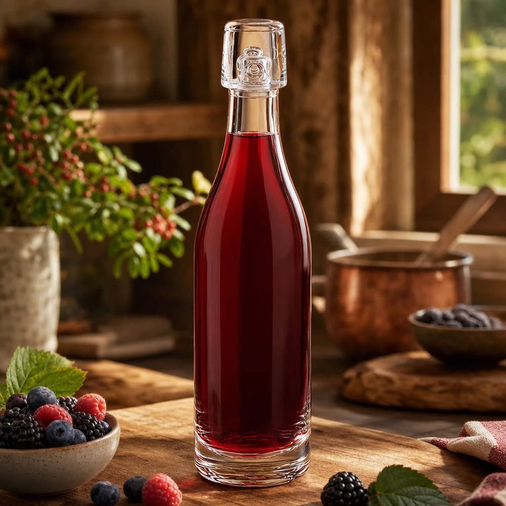 50 ml szklana butelka UNiTWIST wypełniona sokiem z czerwonych jagód obok świeżych jagód na rustykalnym drewnianym stole kuchennym