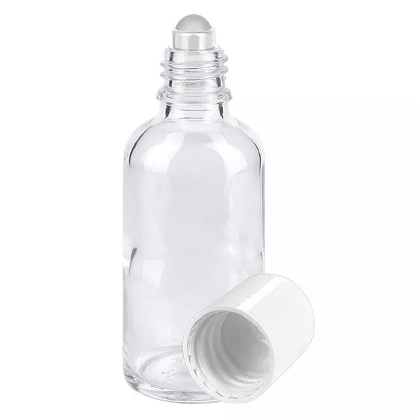 Butelka apteczna przezroczysta 50 ml z nakrętką roll-on biała Butelka apteczna przezroczysta 50 ml z nakrętką roll-on biała