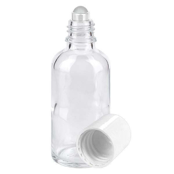 Butelka apteczna przezroczysta 50 ml z nakrętką roll-on biała Butelka apteczna przezroczysta 50 ml z nakrętką roll-on biała