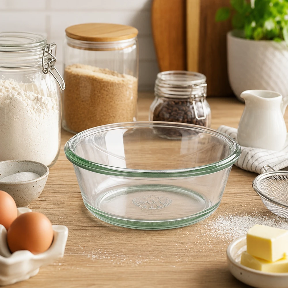 Słoik dla smakoszy WECK RR120 o pojemności 300 ml WECK RR120 gourmet słoik 300ml jako miska do pieczenia w kuchni z mąką jajkami masłem pokazuje użycie do pieczenia