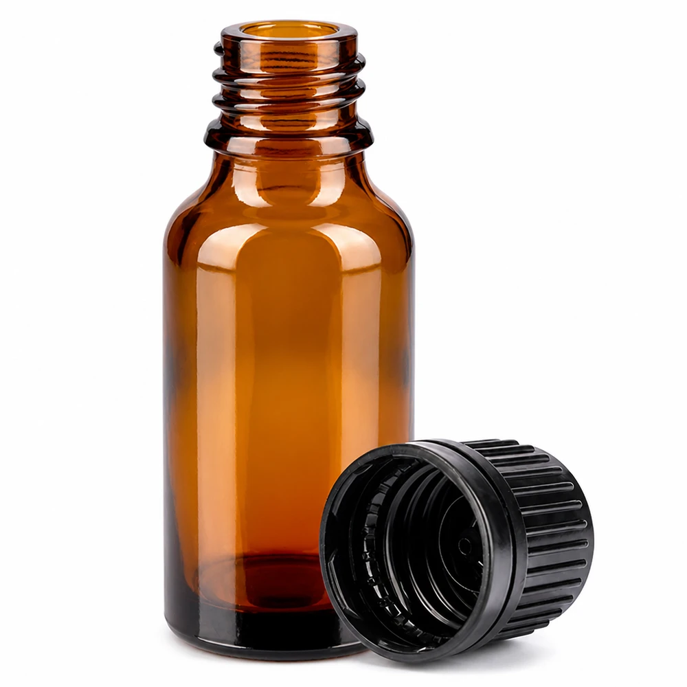 Mała butelka aptekarska o pojemności 20 ml wykonana z brązowego szkła z gwintem 11 mm do leków i nalewek