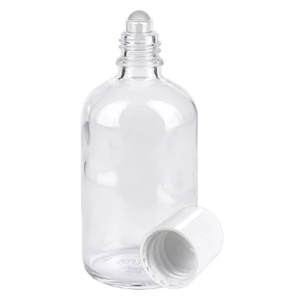 Butelka apteczna przezroczysta 100 ml z nakrętką roll-on biała Butelka apteczna przezroczysta 100 ml z nakrętką roll-on biała