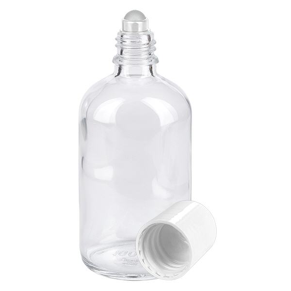Butelka apteczna przezroczysta 100 ml z nakrętką roll-on biała Butelka apteczna przezroczysta 100 ml z nakrętką roll-on biała