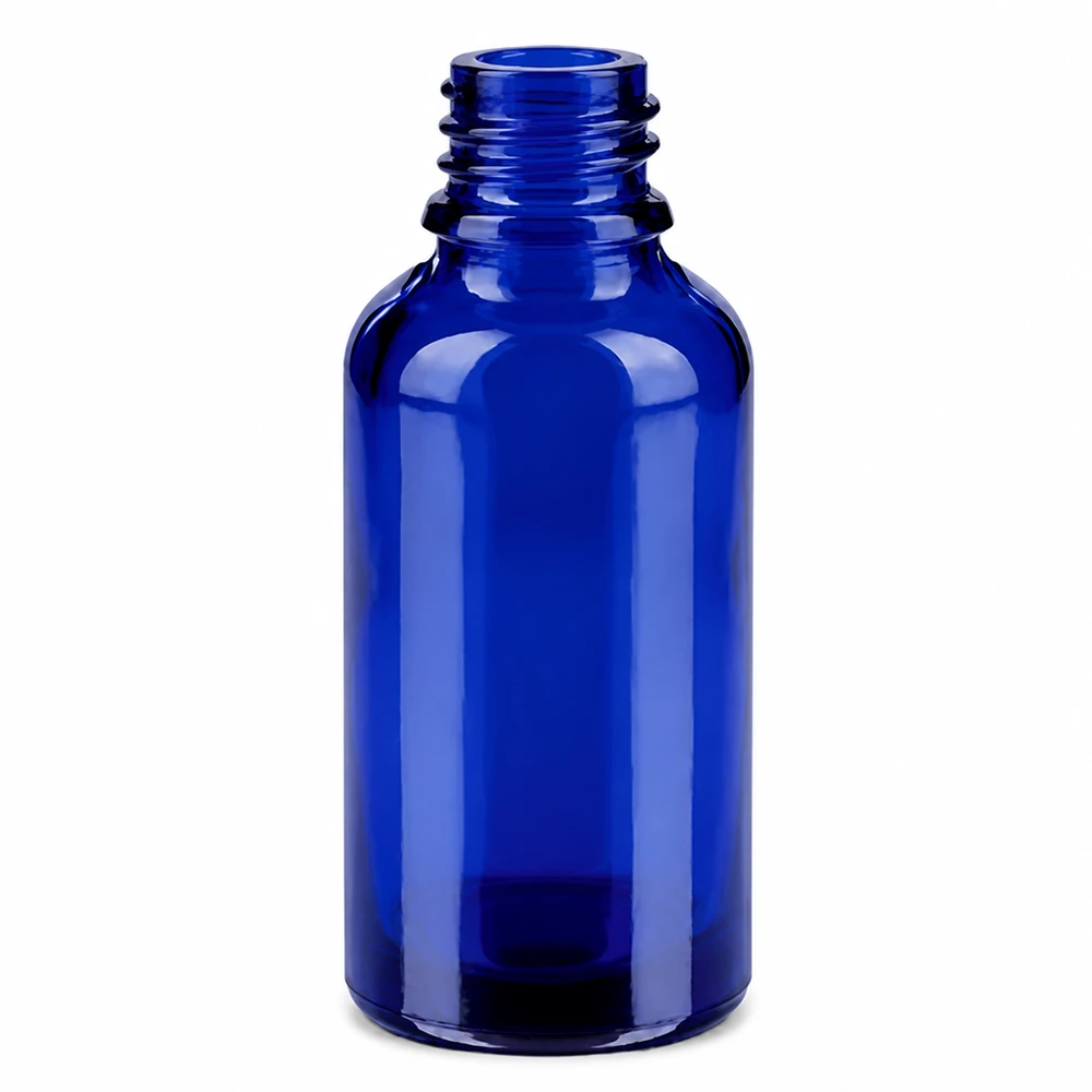 Butelka 30 ml 11 mm SV biała OV BlueLine UT18/30 Niebieska szklana butelka 30 ml z gwintem 11 mm do olejków eterycznych i kosmetyków