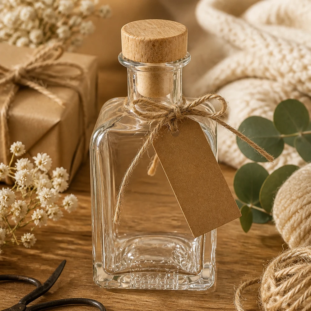200ml Glasflasche Clara mit Kraftpapier-Anhänger Holzkorken Geschenkverpackung natürliche Materialien Vintage-Stil