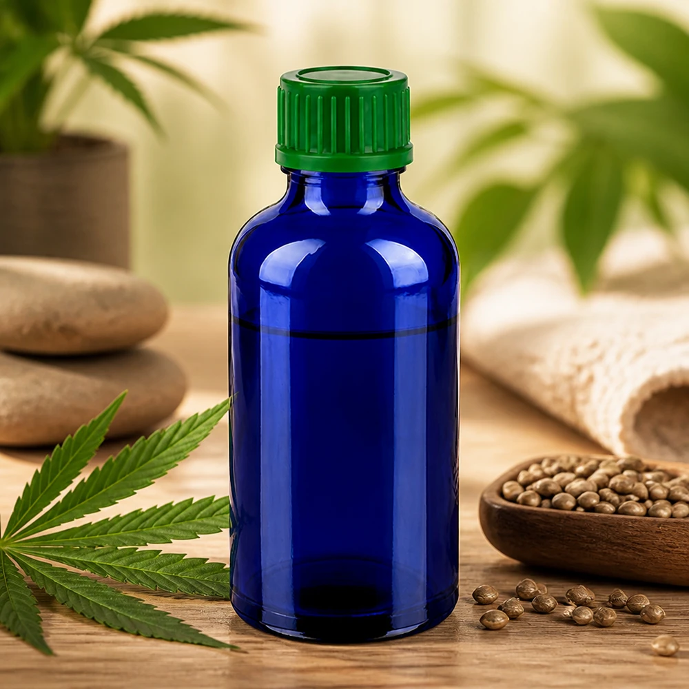 50 ml szklana butelka w kolorze kobaltowego błękitu z rowkowaną zieloną zakrętką do bezpiecznego przechowywania produktu