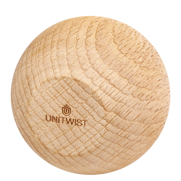 Drewniana kula UNiTWIST (buk) do WECK RR60 UNiTWIST kulka z drewna bukowego zbliżenie słojów i logo WECK RR60 pokrętło pokrywy część zamienna
