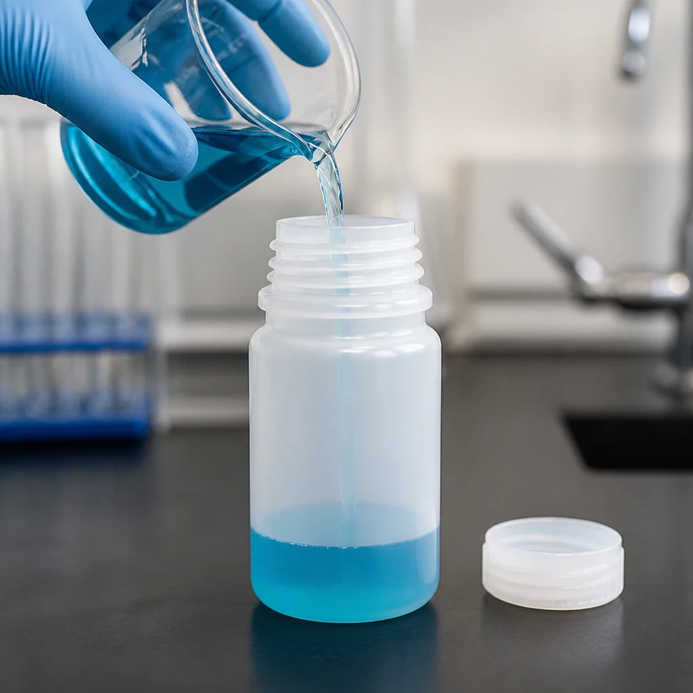 Butelka laboratoryjna 50 ml z szeroką szyjką bez zakrętki Niebieski płyn wlewa się do plastikowej butelki o szerokiej szyjce o pojemności 50 ml bez nakrętki