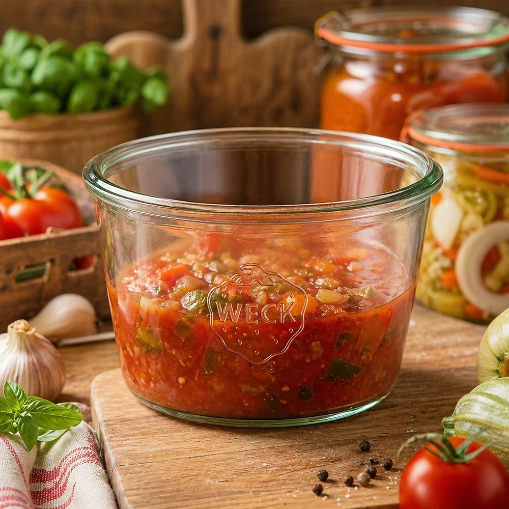 Słoik WECK 370ml RR100 wypełniony sosem pomidorowym na drewnianym stole obok świeżych pomidorów i ziół