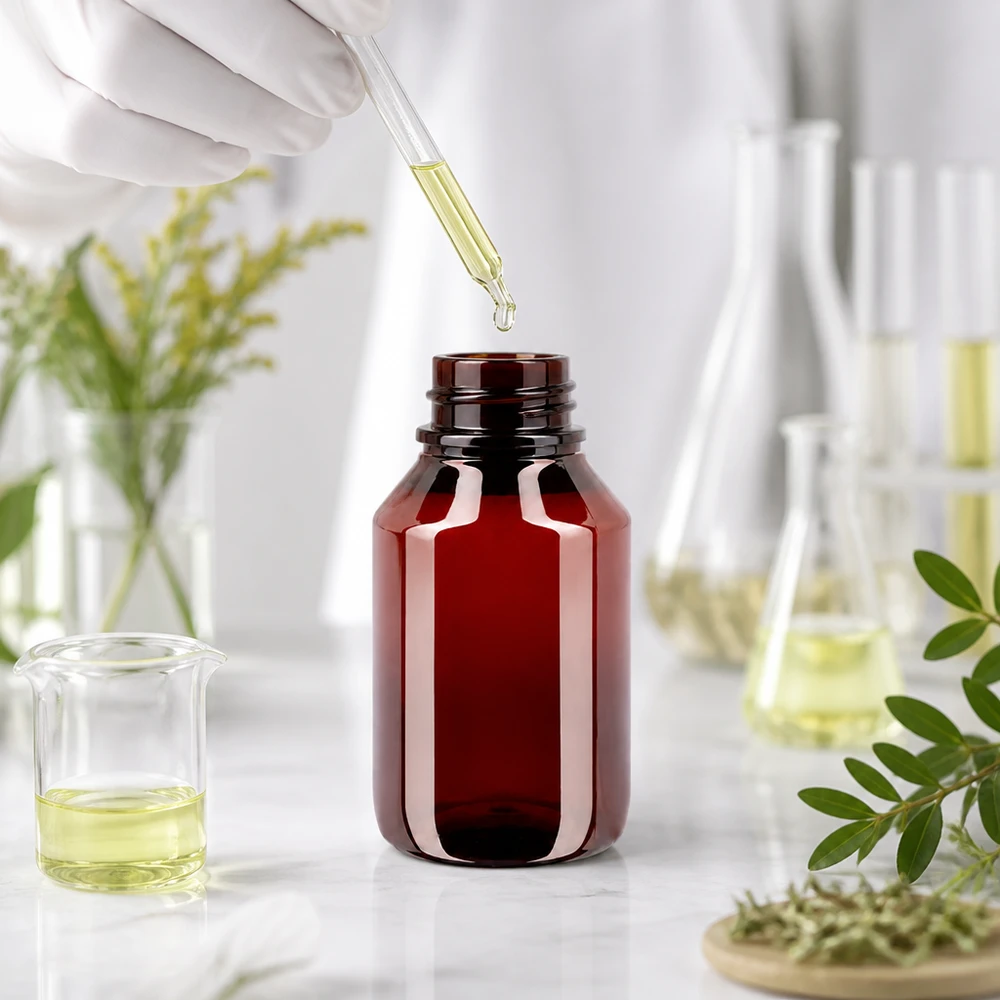 Mała butelka PET o pojemności 50 ml, w kolorze bursztynowym, z białą zakrętką, przeznaczona do olejków eterycznych