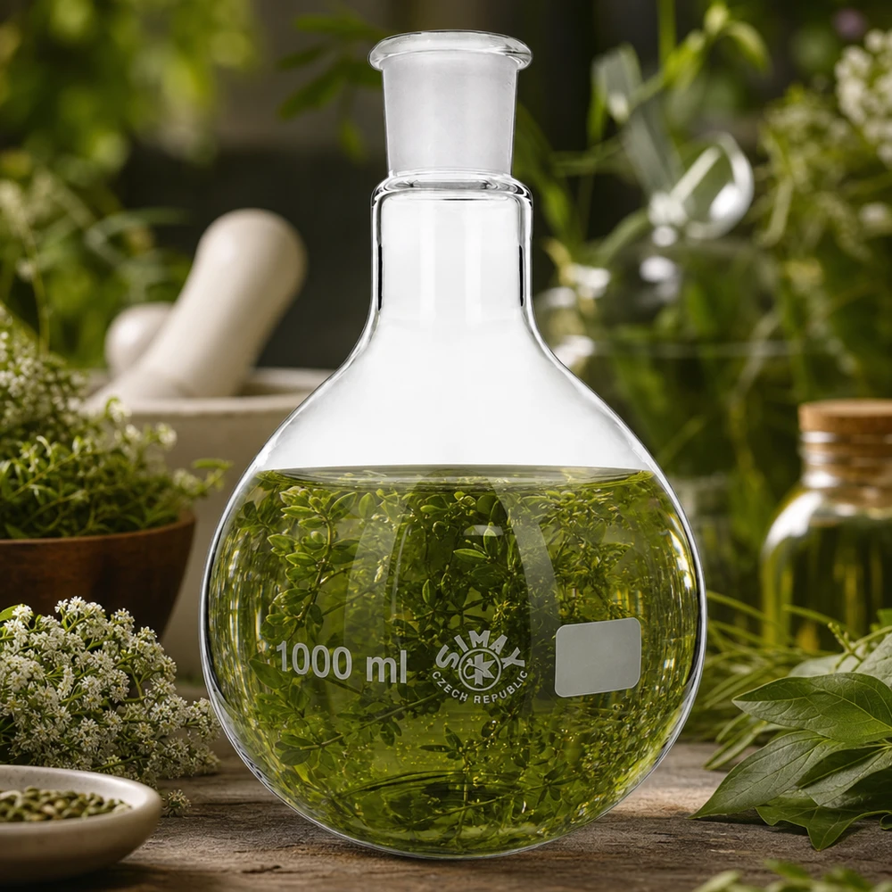 Szklana kolba 1000 ml z ekstraktem ziołowym i profesjonalnym, standardowym szlifem do botanicznych prac laboratoryjnych