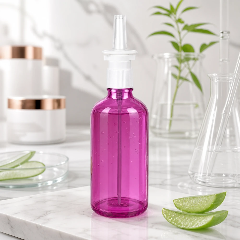 Butelka z rozpylaczem do nosa 100 ml biała/przezroczysta standardowa PurpleLine UT18/100 Wysokiej jakości butelka z rozpylaczem PurpleLine 100 ml w przezroczystym fioletowym kolorze do aplikacji do nosa UT18