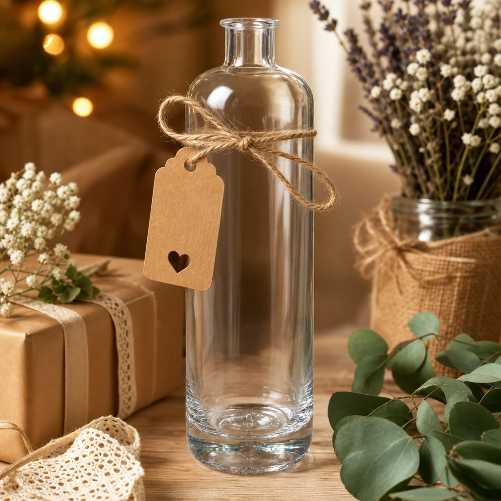 700ml Glasflasche Ella dekorativ arrangiert mit Geschenkanhänger Juteschnur und getrockneten Blumen als Geschenkidee