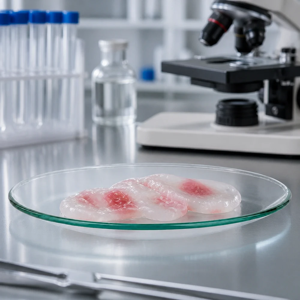 Szklana miska zegarka Ø 60 mm Gładkie szklane naczynie 60 mm z próbkami różowej substancji w sterylnym środowisku laboratoryjnym do celów badawczych