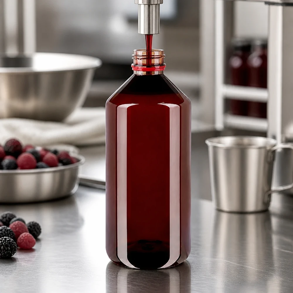 Brązowa butelka PET o pojemności 1000 ml jest napełniana maszynowo czerwonym sokiem owocowym. Linia rozlewnicza ze stali nierdzewnej