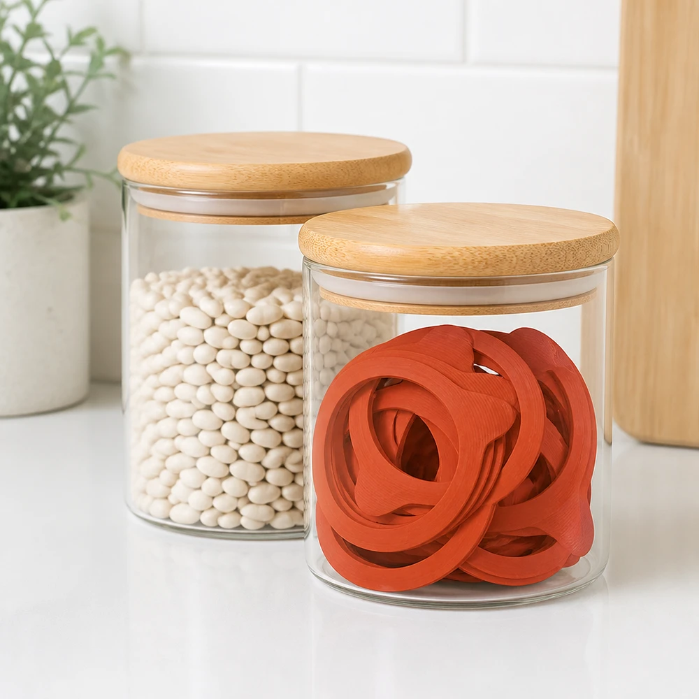 Pierścień wrzący z kauczuku naturalnego RR100 Rote Einkochringe RR100 aus Naturgummi in Vorratsglas mit Bambusdeckel neben weißen Bohnen in moderner Küche
